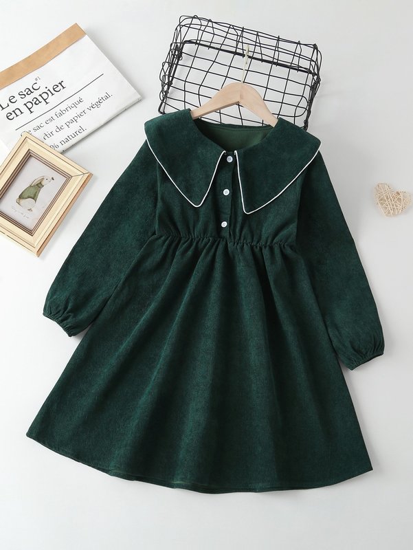 Girls Contrast Piping Peter Pan Collar Corduroy Dress SHE