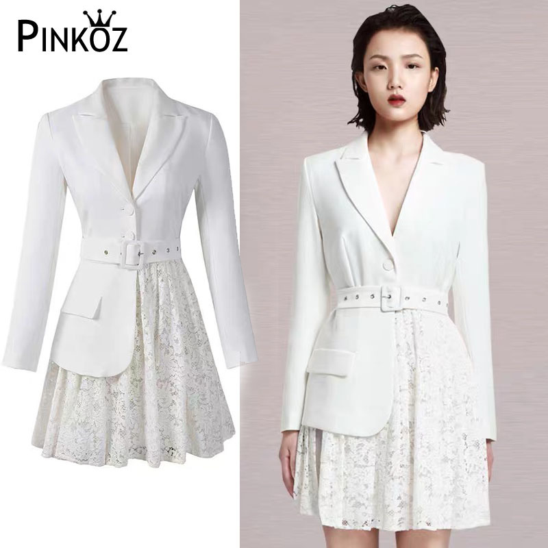 Spring Long Sleeve Fashion OL Style Suit Stitching Patchwork Lace Belt Women Party Mini Dress White vestido de mujer 210421