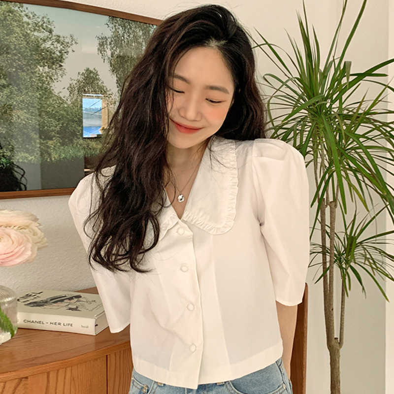 Korejpaa Women Shirt Summer Korean Chic Simple Doll Collar Wooden Ear Stitching Loose Single-Breasted Puff Sleeve Blouses 210526