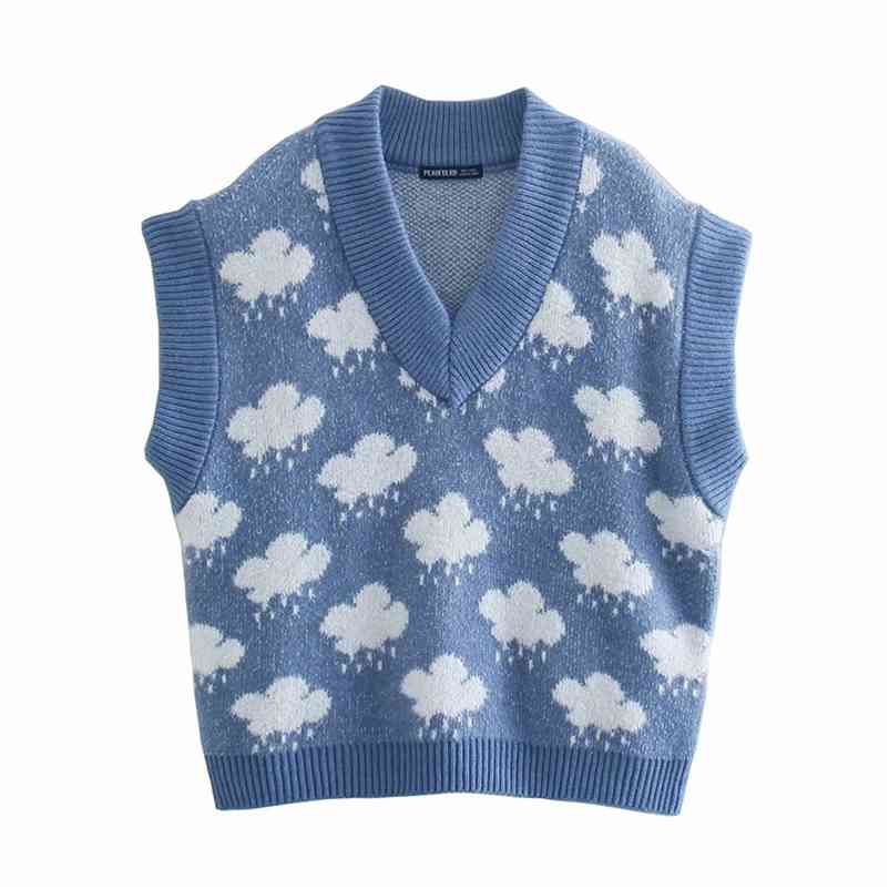 Casual Woman Loose Blue Clouds V Neck Knitted Vest Spring Fashion Ladies Sleeveless Sweaters Girls Sweet Soft Knitwear 210515