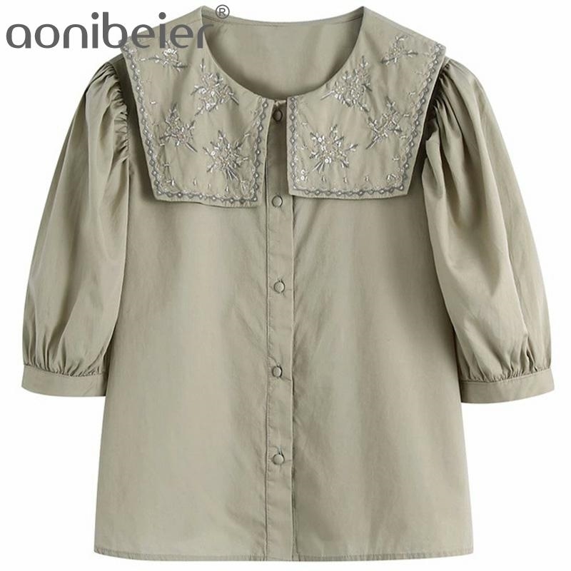 Embroidery and Beading Peter Pan Collar Puff Sleeve Women Shirts Summer Casual Button Front Female Blouses Tops 210604, As shown
Embroidery and Beading Peter Pan Collar Puff Sleeve Women Shirts Summer Casual Button Front Female Blouses Tops 210604, As shown