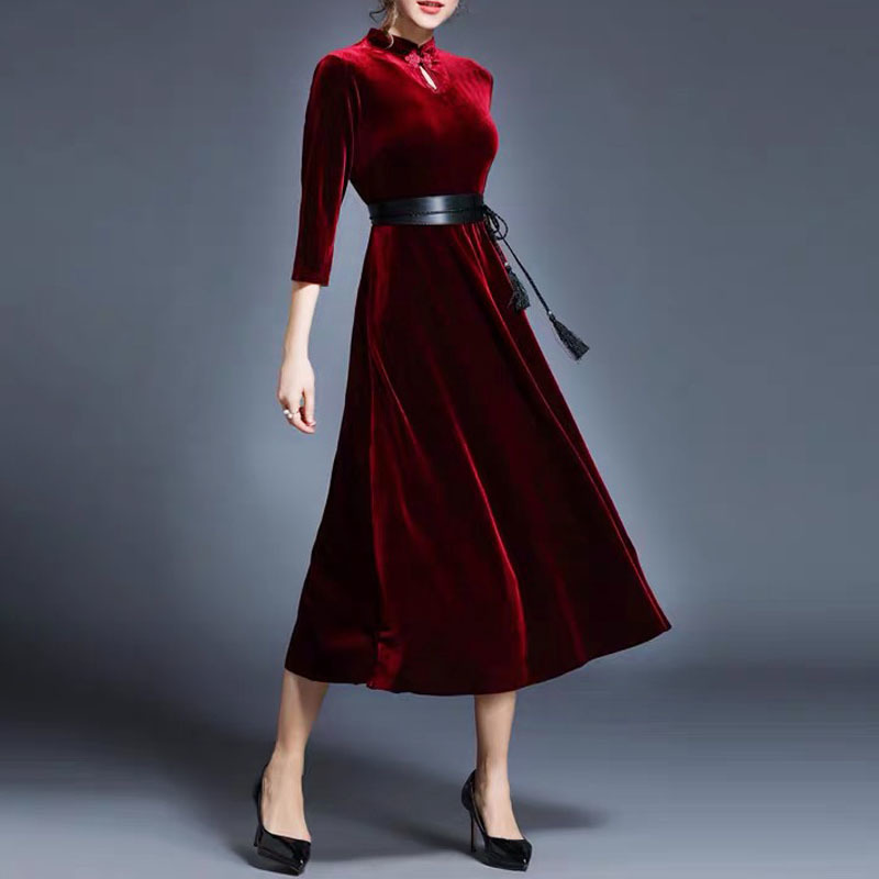 Elegant Velvet Midi Dress for Women Autumn and Winter Casual Boho Long Sleeves Fuchsia Vintage Party es 210421