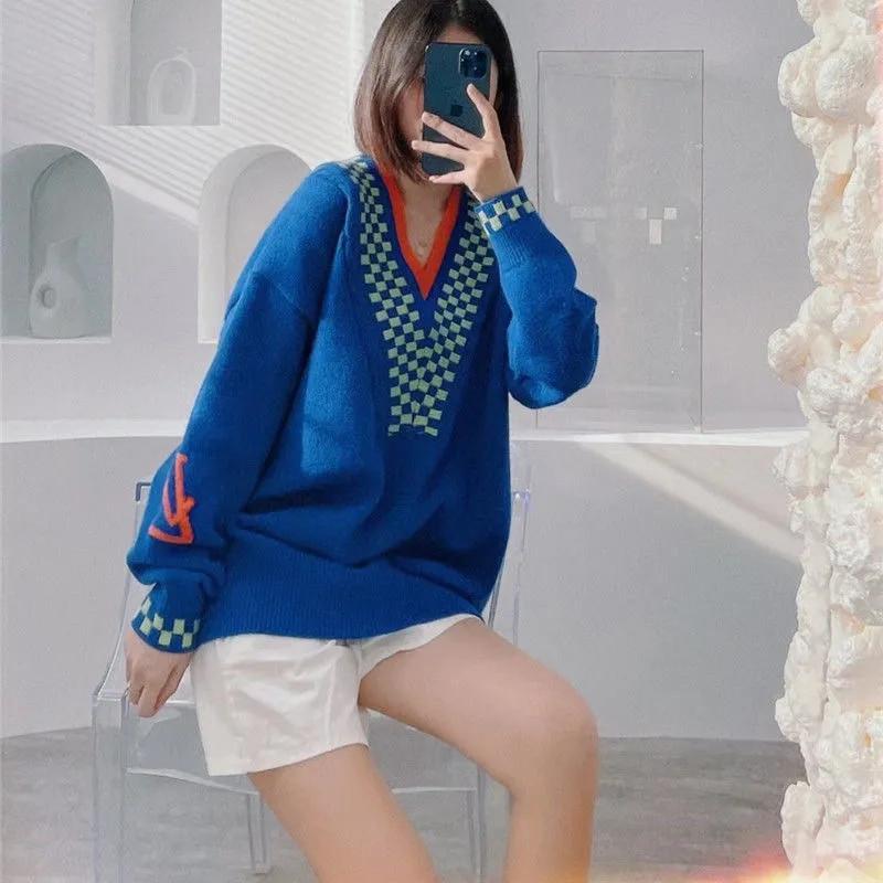 Women's Sweaters TSXT High Version L Home Blue V-Neck Long Sleeve Pullover Loose Outer Wear Knit Design Slimming Age Sweater