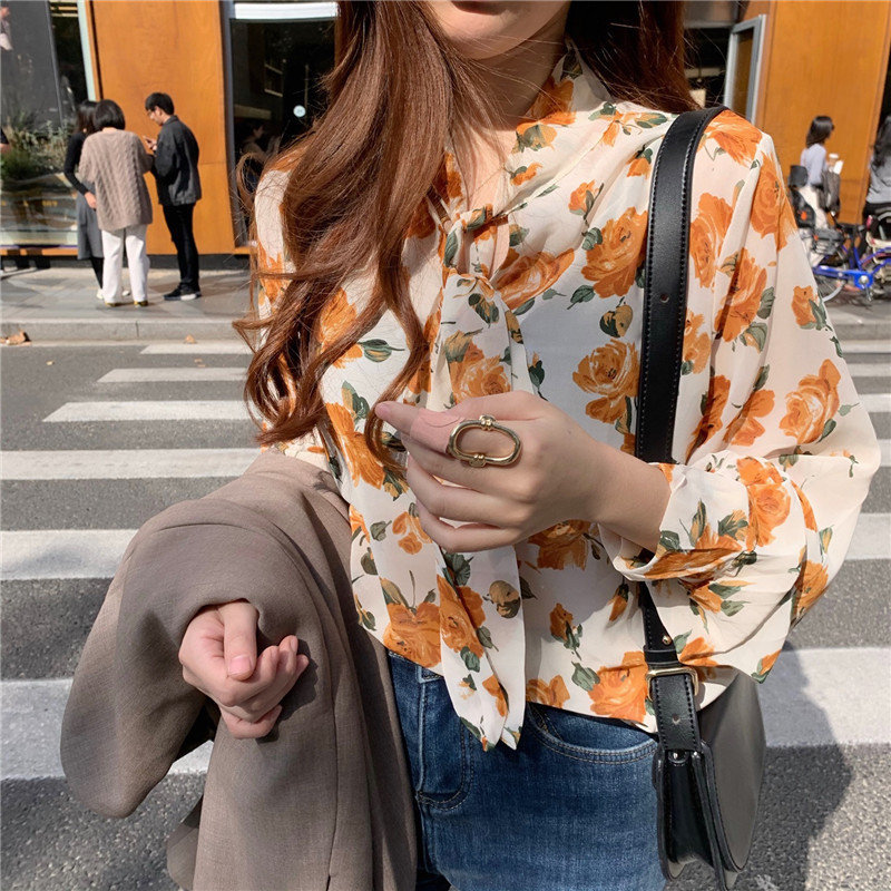 Brief Streetwear Korea Florals Retro All-Match Gentle Print Fresh Arrival Chic Office Lady Basic Shirts 210421