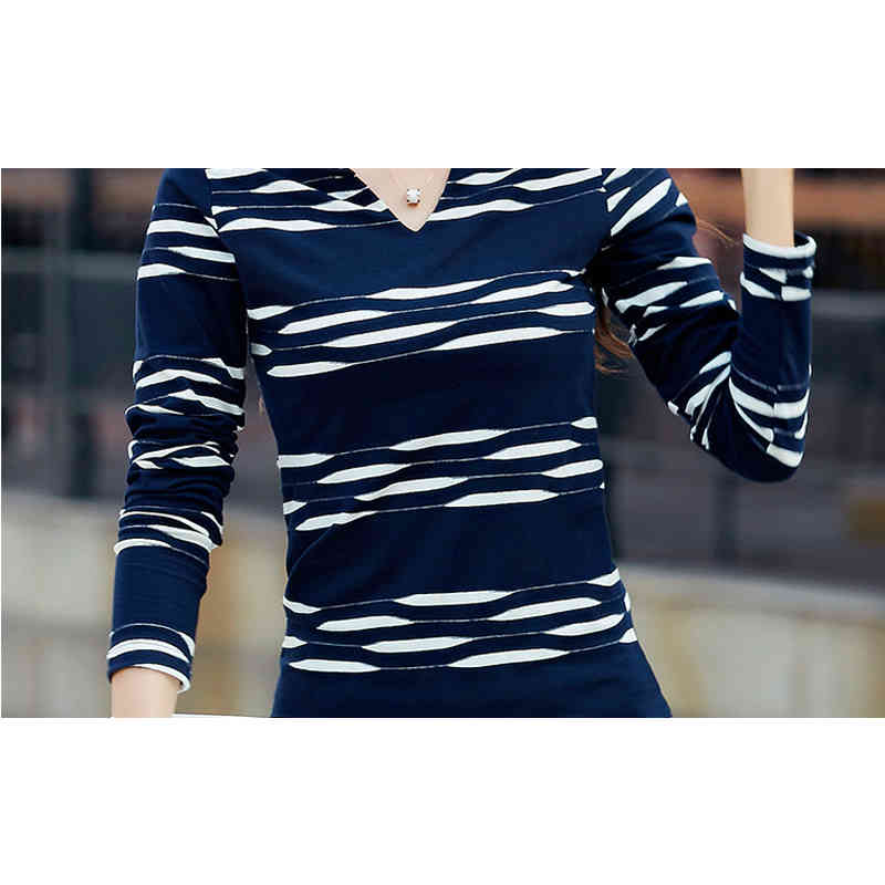 T Shirt Women Long Sleeve Tshirt Woman Camisetas Mujer Striped Womens Tops Casual T-Shirts Plus Size Blue Tee Shirt Femme 210406