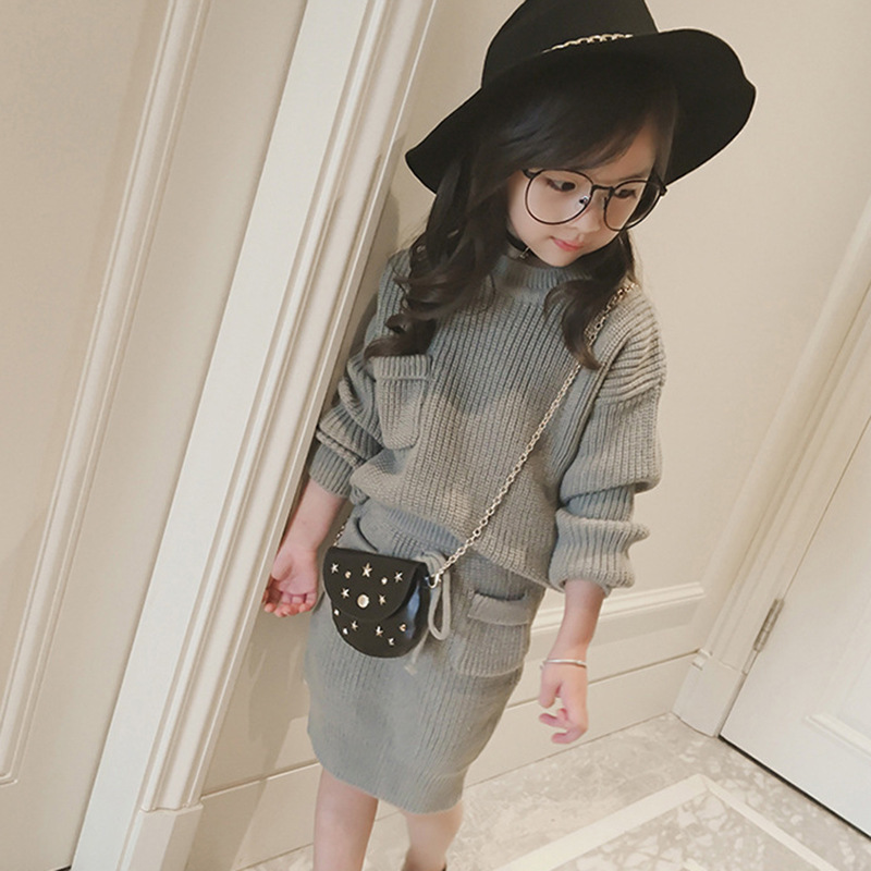 Baby Girls Clothes SpAutumn Set Solid Knitted Tops + Skirt 2 Pcs Outfit Sweater Dress Kids 210508
