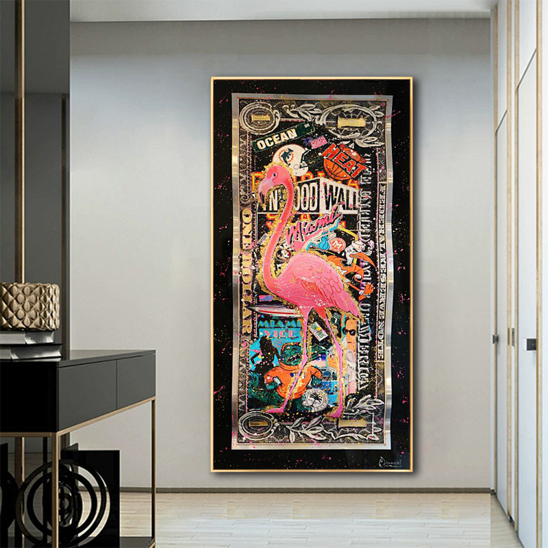 Graffiti Flamingo On Golden Dollar Abstract Art Prints Money Pictures On Canvas Wall Painting For Living Room Home Decor Posters