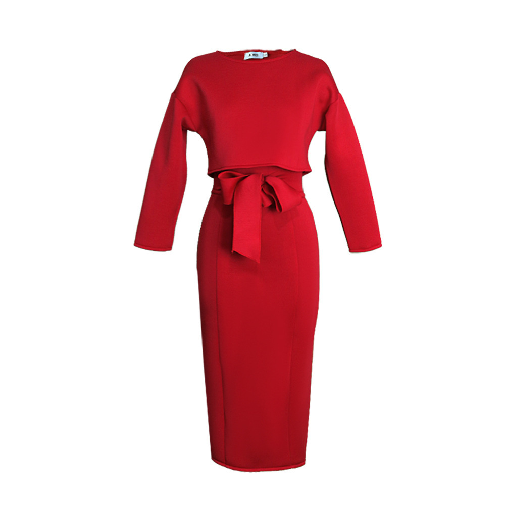 Women Set Skirt s Bandage High Waist Long Skirts Short Tops Plus Size Red 2 Piece Fashion 210524