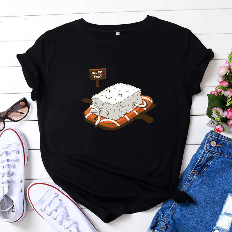 100% Cotton Cute Sushi Print Women T-Shirt Casual Loose Short Sleeve Fashion Harajuku Ladies Tees Top W878 210526
