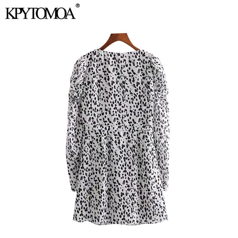 Women Chic Fashion Animal Print Ruffled Mini Dress Wrap V Neck Puff Sleeve Female Dresses Vestidos Mujer 210420