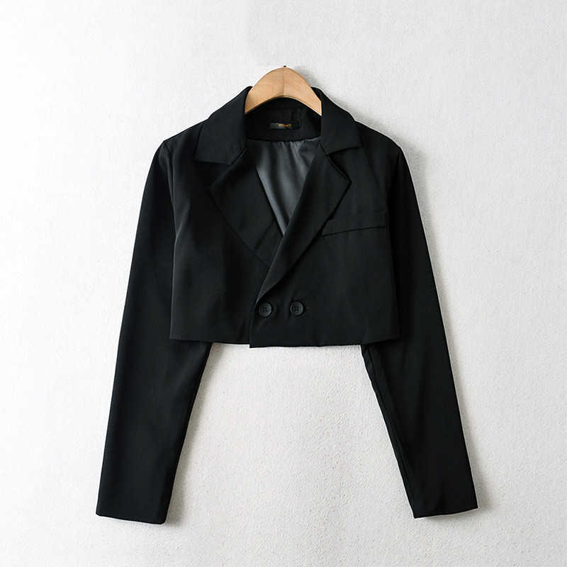 Women jacket double breasted blazer casual cropped women solid long sleeve coat with pocket black loose 210930
