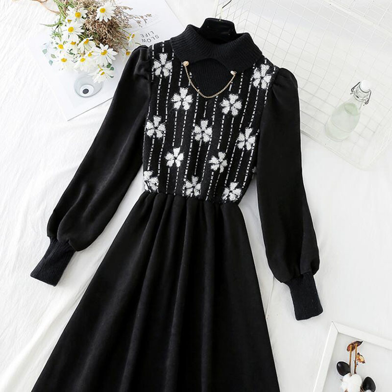 Spring Splicing Knitted Women Dress Half high collar Print Long Sleeve Dresses A-line Vintage Black Dress Vestidos 210521