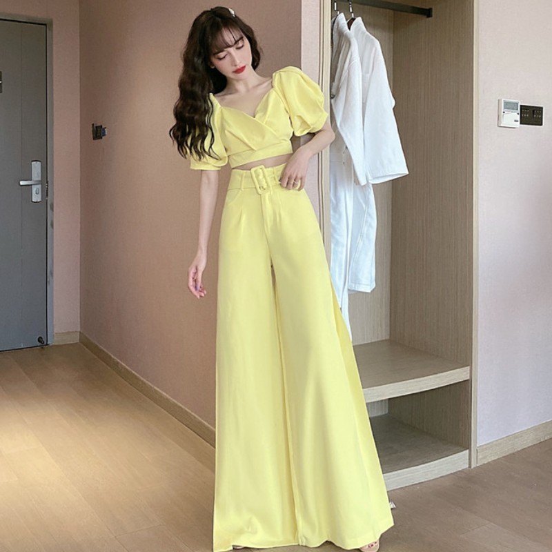 Sexy Women Outfit Solid Color Two Pieces Set V-Neck Puff Sleeve Short Crop Tops+Split Wide Leg Pant Korean Fashion Suit 210519