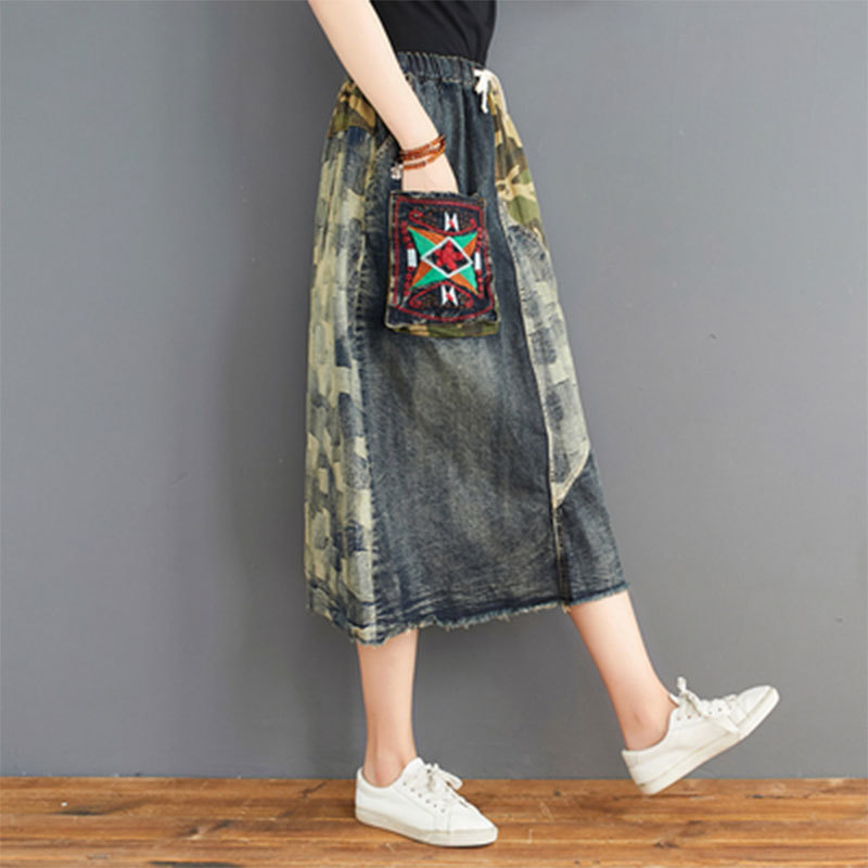 Spring Autumn Arts Style Women High Waist Loose Denim Skirt Patchwork Embroidery Vintage A-line Long S20 210512