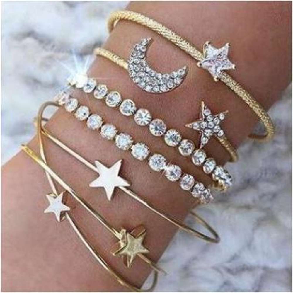 Hand catenary Four piece bracelet set with diamond, star and moon, Golden;silver 
Hand catenary Four piece bracelet set with diamond, star and moon, Golden;silver