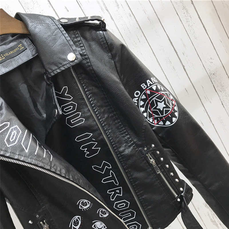 LY VAREY LIN Autumn Winter Women Faux Leather Jacket Turn Down Collar Letter Print Epaulet Rivet Zipper Biker Outerwear 210526