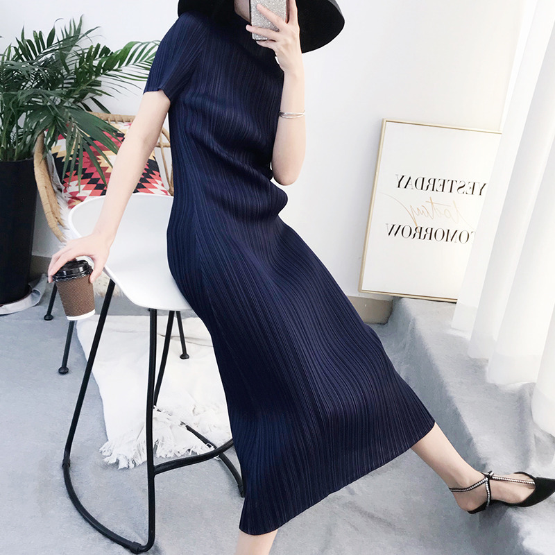 TIANPEI Miyake Pleated women dress summer temperament casual Korean basic Turtleneck short sleeve long aesthetic dress 5008 210406