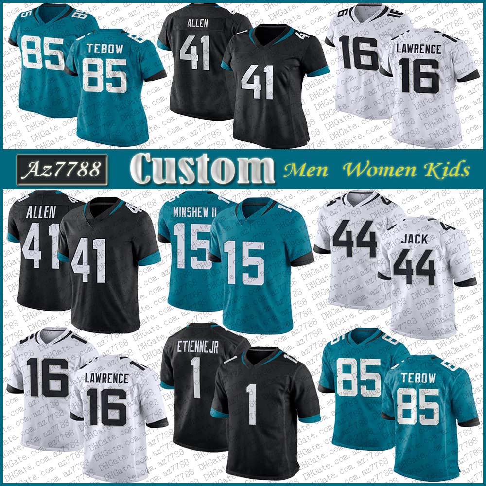 85 Tim Tebow 16 Trevor Lawrence Custom Men Women Kids JAX Football Jersey 1 Travis Etienne Jr 15 Gardner Minshew II 41 Josh Allen 30 James Robinson 44 Myles Jack 60 A.J. Cann, Shown
85 Tim Tebow 16 Trevor Lawrence Custom Men Women Kids JAX Football Jersey 1 Travis Etienne Jr 15 Gardner Minshew II 41 Josh Allen 30 James Robinson 44 Myles Jack 60 A.J. Cann, Shown