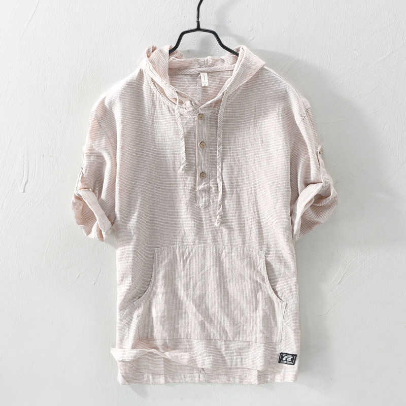 Men Summer Fashion Japan Style High Quality Cotton Linen Short Sleeve Hooded Stripe Casual T-shirts Student Top Male Casual Tee 210707