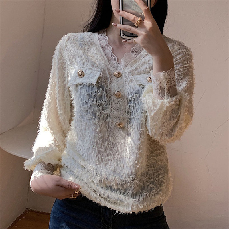 Brief Tassel Lace Elegance Loose V-Neck Lantern Sleeves Women Office Lady Gentle Chic Blouse Fashion Shirts 210421