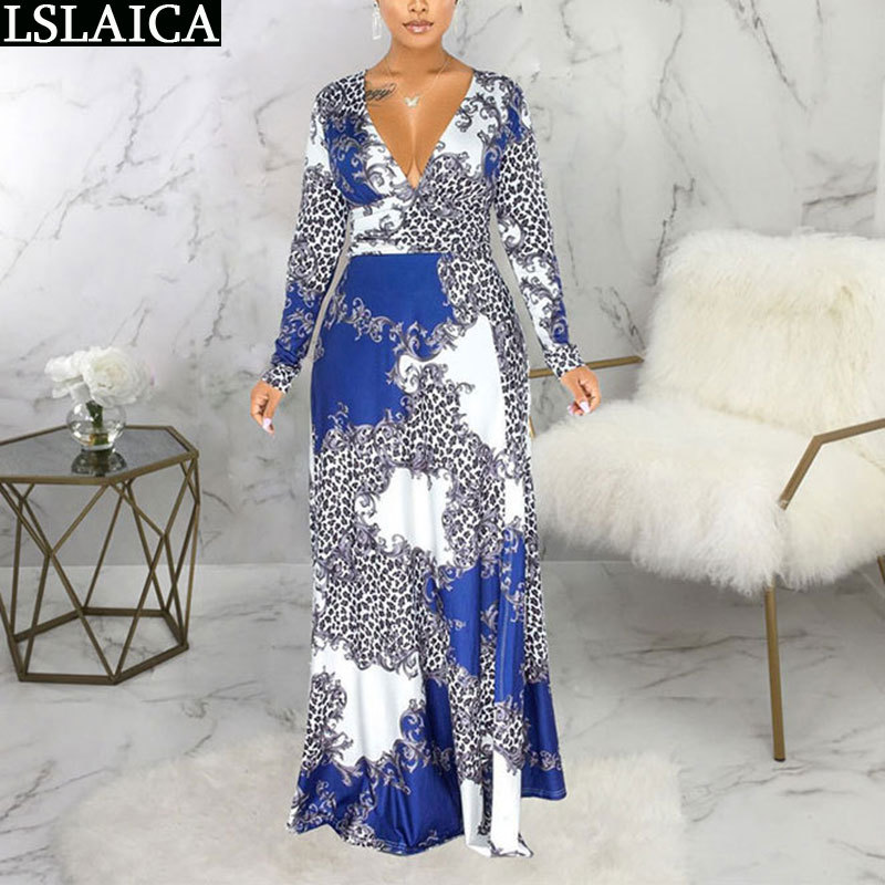 Beach Dress Slim Thigh Slit Fashion Party Bohemian Women Clothing Long Sleeve Floor-Length A-Line Deep V Neck Robe Longue Femme 210515