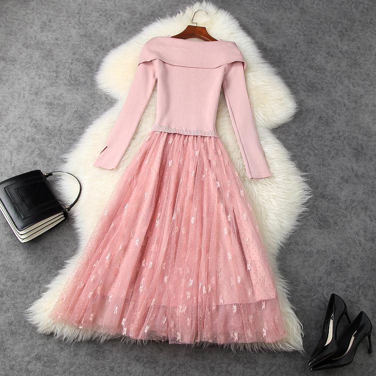European And American Women's Wear 2021 Winter Style Long Sleeve Knitted Splicing Bowknot Net Fashionable Dress Casual Dresses