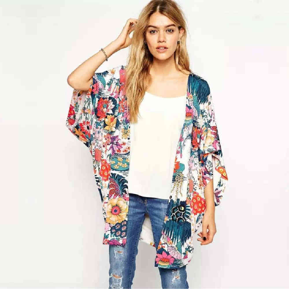 Boho Print Chiffon Bathing Suit Cover-ups Plus Size Beach Wear Short Kimono Dress Tunic Women Summer Swimsuit Cover Up A831 210420