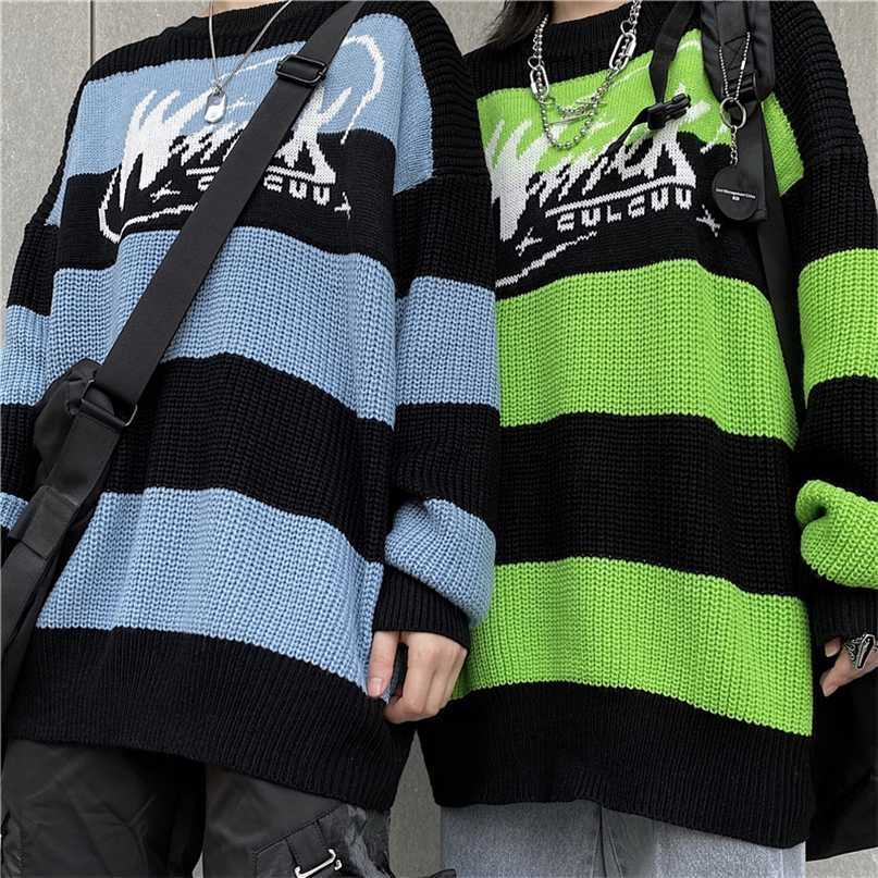 Women's sweater stripe letter casual tops harajuku pullover autumn drop vintage punk Hip hop streetwear Korean clothing 211011Z