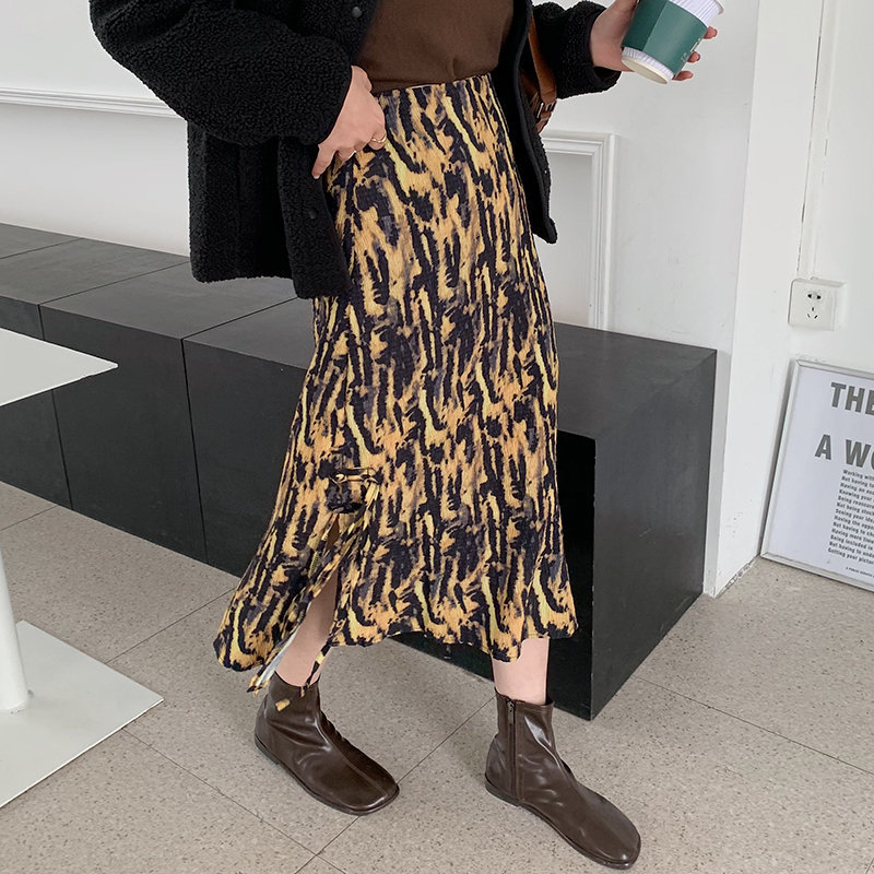 Printed High Waist Bottoming Pleated Chic Knitted Skirt Female OL Elegant Fashion Feminine Long Skirts Women 210421