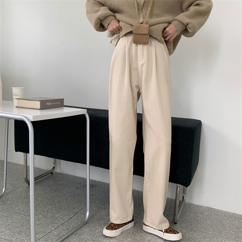 OL Elegant High Waist Straight Pants Women Spring Autumn Solid Work Washed Cotton Casual Female Trousers 210421