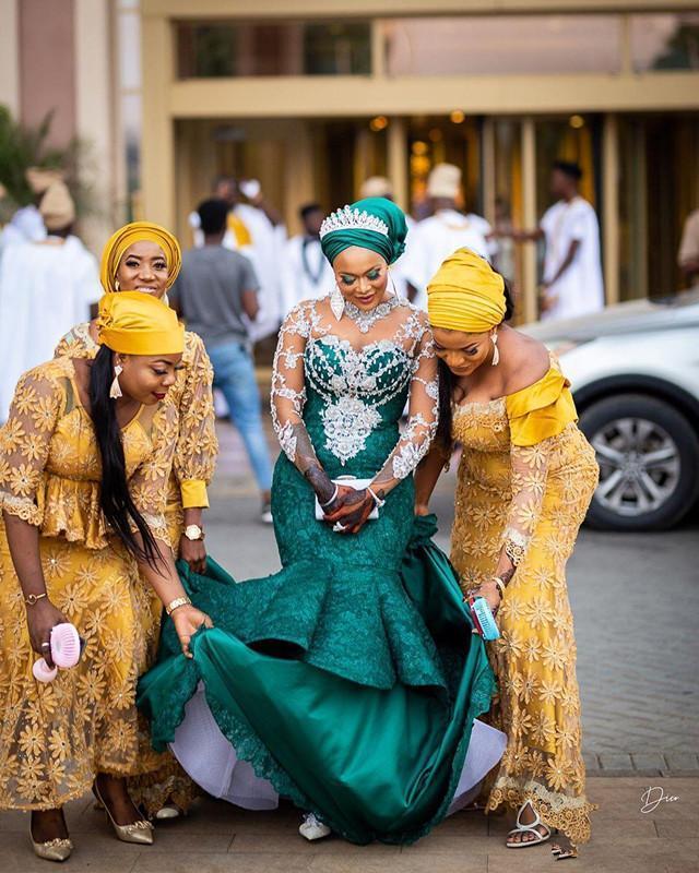 Traditional Nigerian African Mermaid Evening Dresses Aso Ebi Hunter Green Lace Applique Beaded Long Sleeve Prom Party Reception Gown 6660306