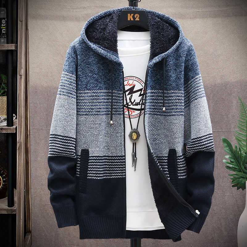 Inner Fleece Sweaters for Men Winter Warm Knitted Men Slim Sweaters Autumn Hooded Thick Coat Mens Cardigan Clothing XXXL 210818