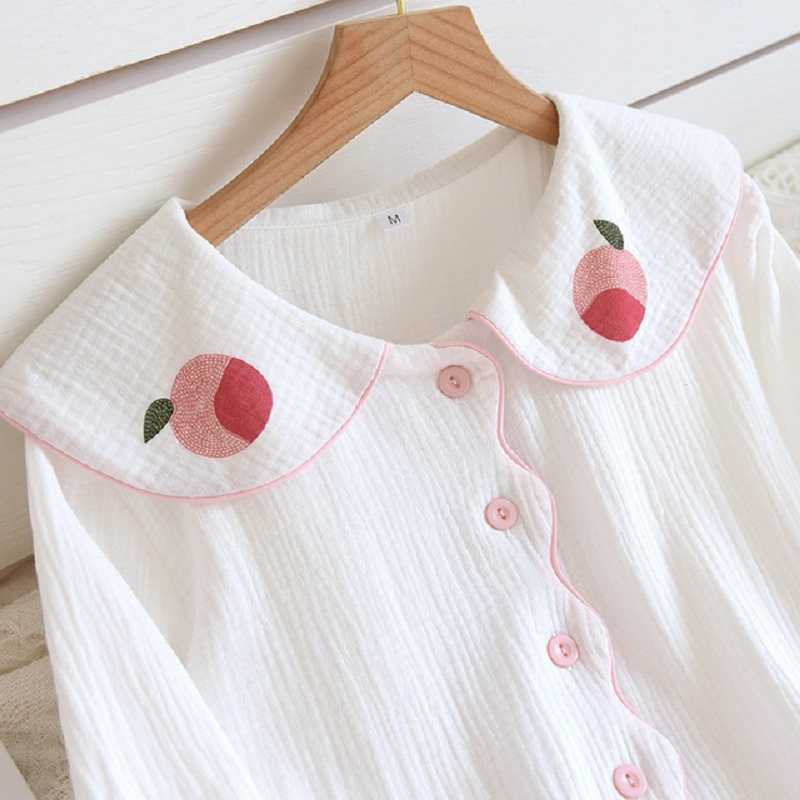 Doll Collar Spring Women Cute Cartoon Peach Print Pajamas Set 100% Gauze Cotton Full-Sleeve 2Pcs Sleepwear Casual Wear 210924