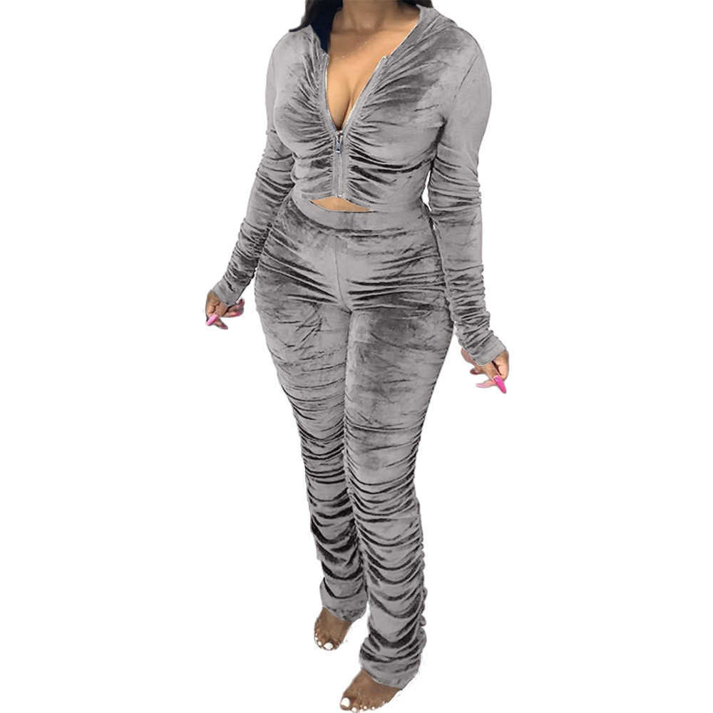 Selling Pleated Two Piece Suit Women's Long Sleeve Zipper Hooded Top+Elastic High Waist Pants Autumn Winter Casual Set 210604