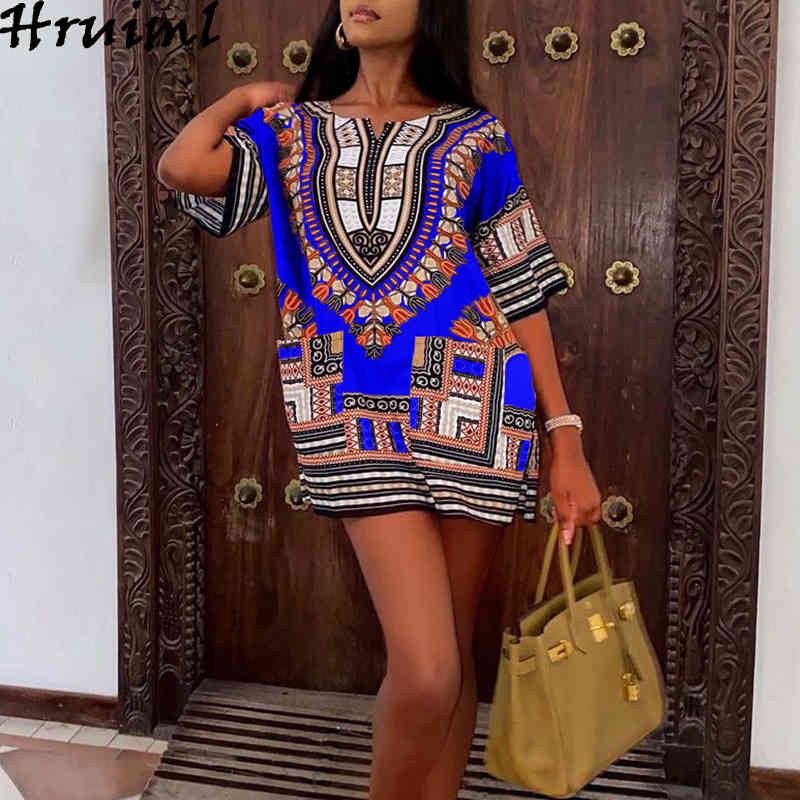 Wholesale Africa Style Summer Dress Short Sleeve V Neck Print Plus Size Casual es Woman Streetwear Fashion Min Female 210513