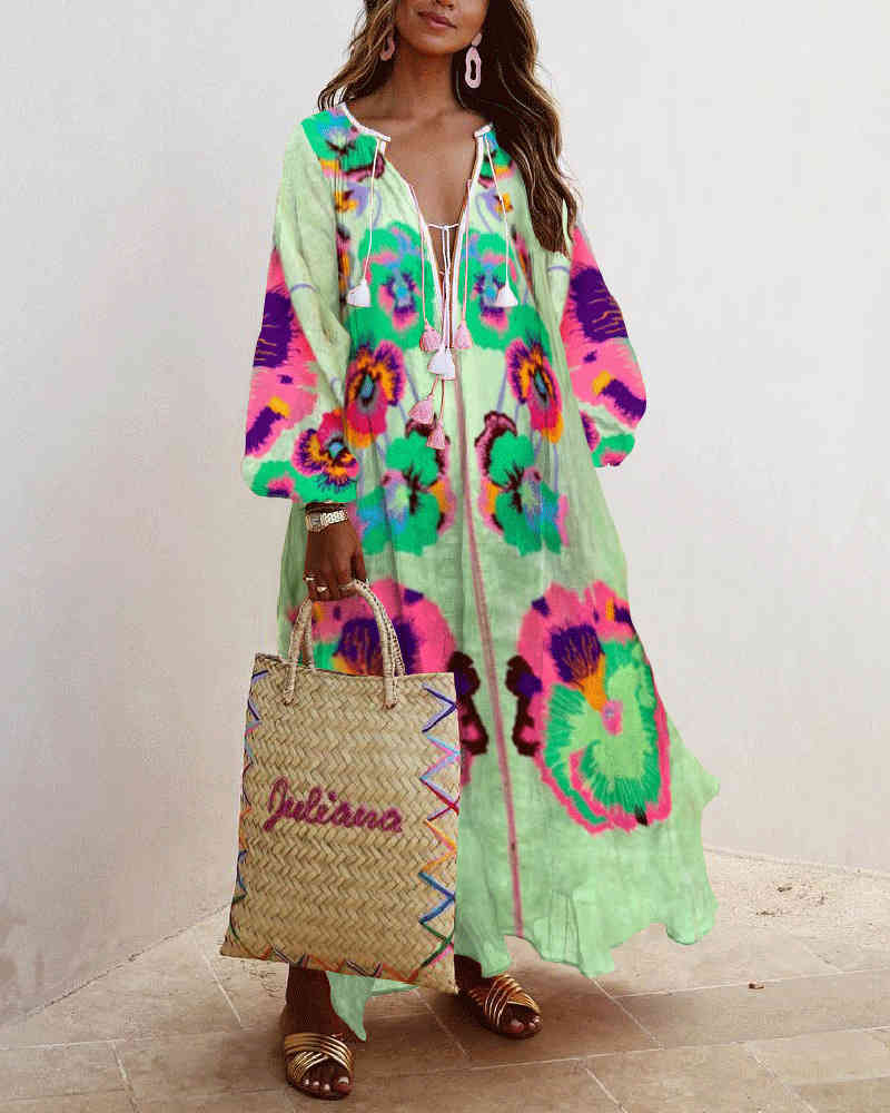 Women Dress Printed Bohemia Sexy Long Print Floral Maxi es V Neck Puff Sleeve Loose Ladies es 210513