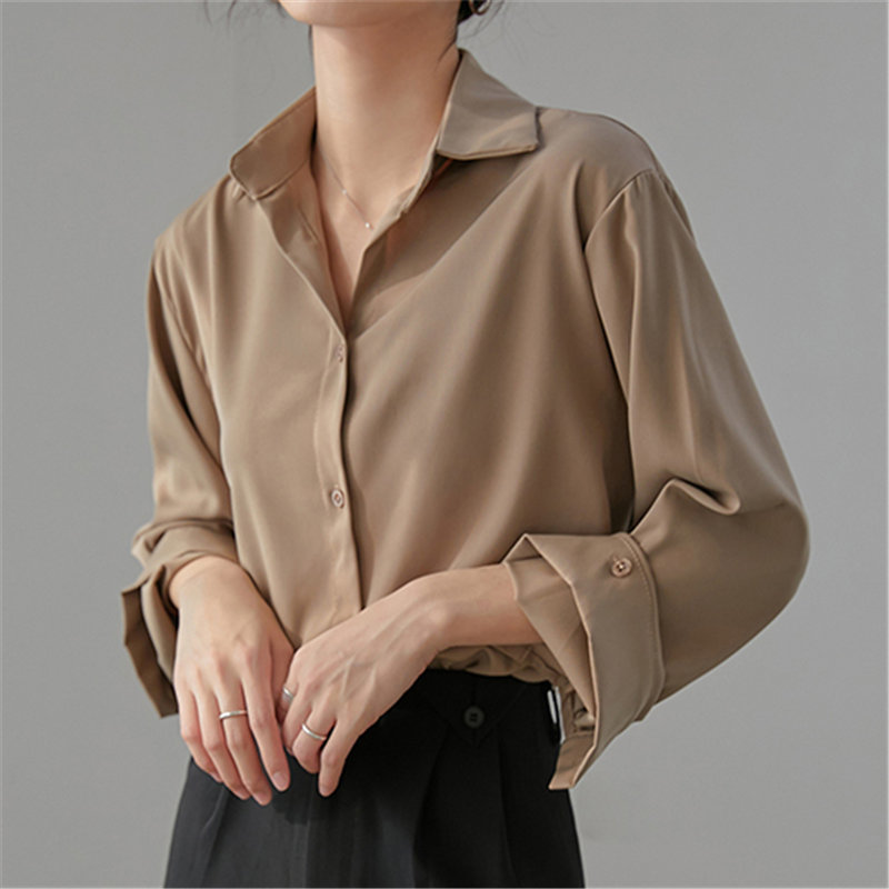 Spring Long Sleeve Shirt Women Fashion Vintage Brief Female Solid Large Size Loose Casual Retro Tops Blouses 210421