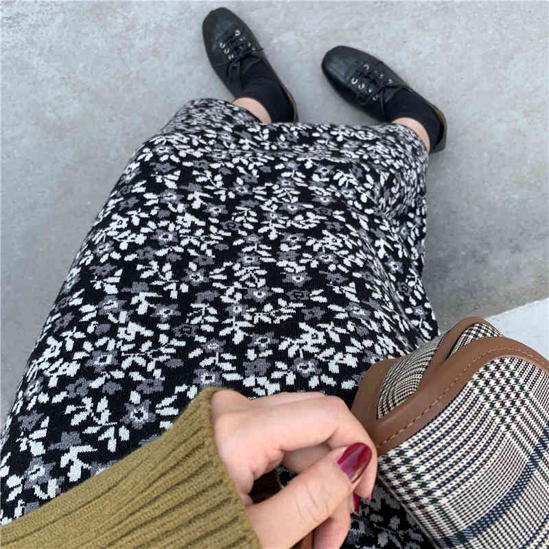 Autumn Winter High Waist Vintage Floral Print Knitted Skirt Female OL Elegant Fashion A-line Long Skirts Womens 210421