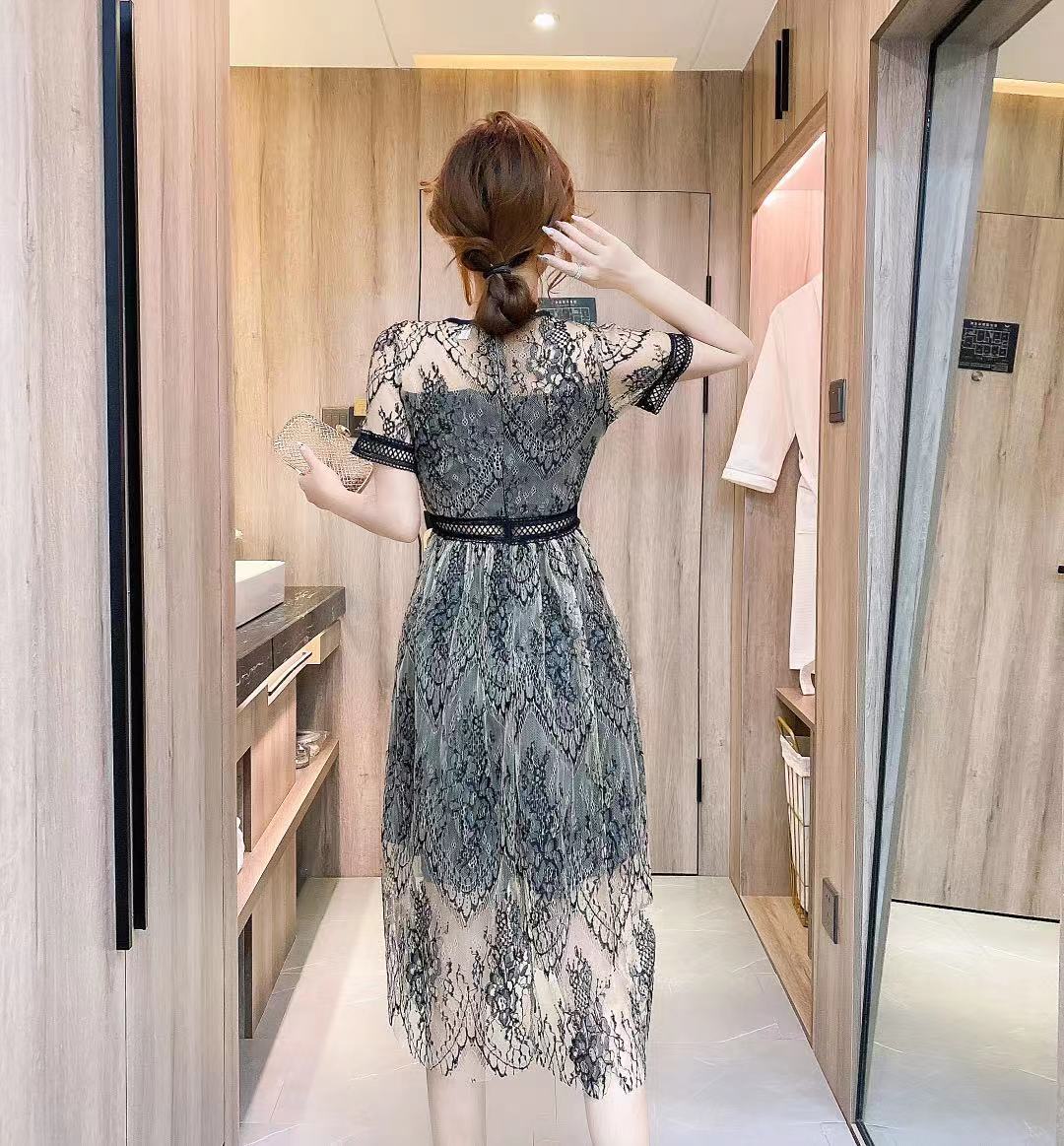 Summer Elegant Sexy Women Vintage Lace short Sleeve O-Neck Femme OL High Waist Casual Slim Party Dresses Robe 210519