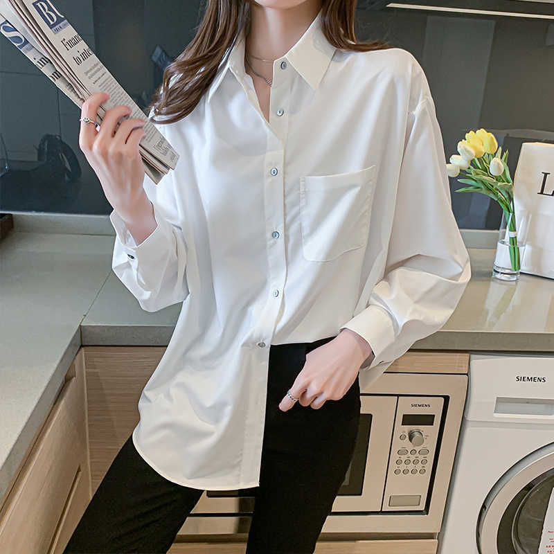 Korean Women's Shirt Chiffon Blouses for Women Long Sleeve Shirts Female Top White Oversize Blouse Tops Woman 210604