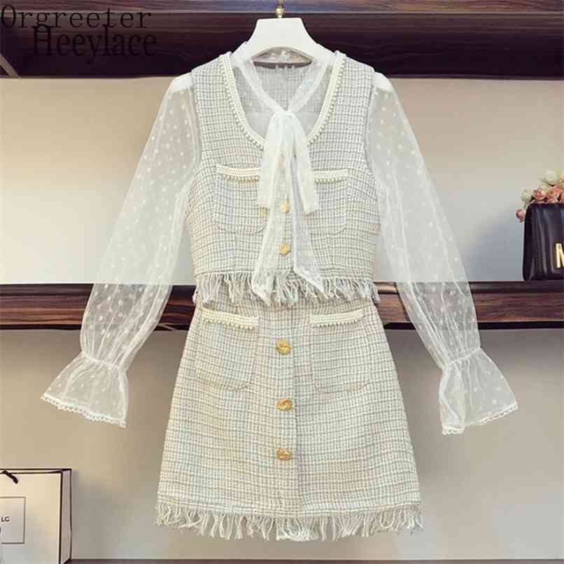 Plus Size 3 Piece Set Women Bow collar Mesh Blouse Tops + Beading Tweed Vest Tassel Mini Skirt Suits Ladies Elegant Outfits 210602, Three-piece
Plus Size 3 Piece Set Women Bow collar Mesh Blouse Tops + Beading Tweed Vest Tassel Mini Skirt Suits Ladies Elegant Outfits 210602, Three-piece
