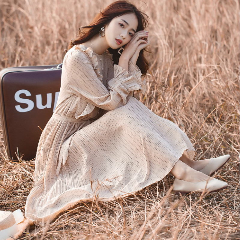 Spring Summer Chiffon Dresses Long Sleeve Polka Dot A-line Pleated Women's Ruffles Flare Party 210514