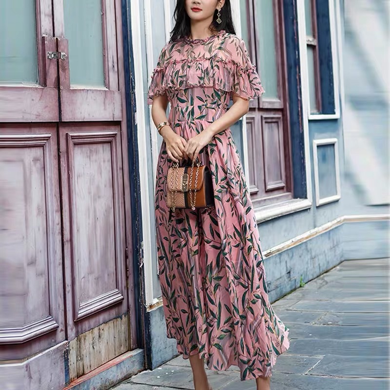 spring summer floral printed maxi dress for women ruffles chiffon o-neck casual daily dresses vestidos plus size 2xl 210421