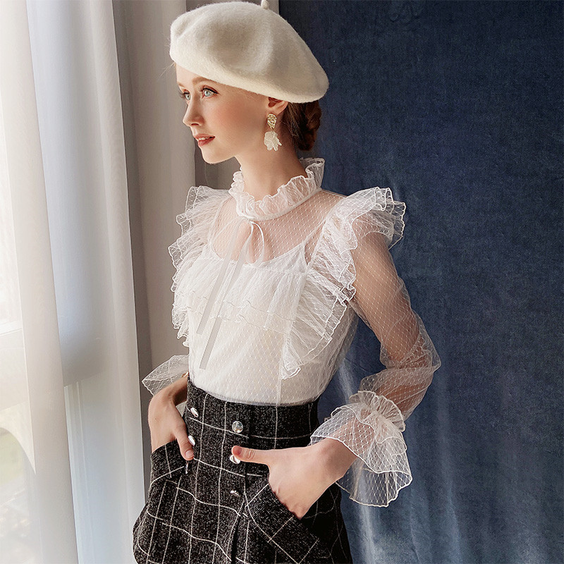 Dabuwawa Autumn Sexy Mesh Blouse Women Ruffle Long Sleeve Bow Neck Sweet Solid Shirts Tops Female Slim Fit DT1CST026 210520