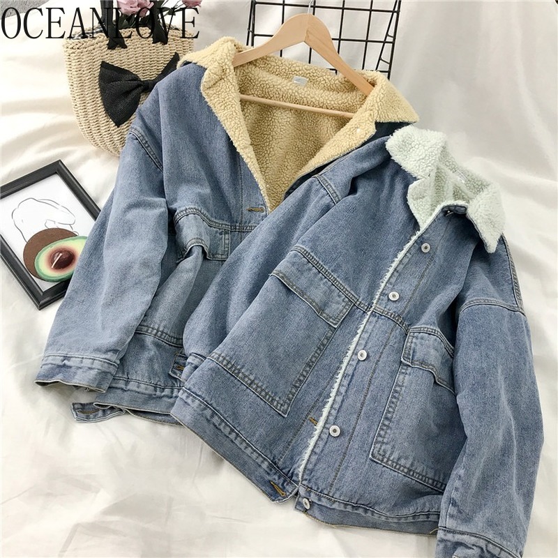 Thick Denim Jackets Lamb Wool Fashion Warm Patchwork Winter Women Jacket Korean Preppy Style Mujer Chaqueta 18709 210415