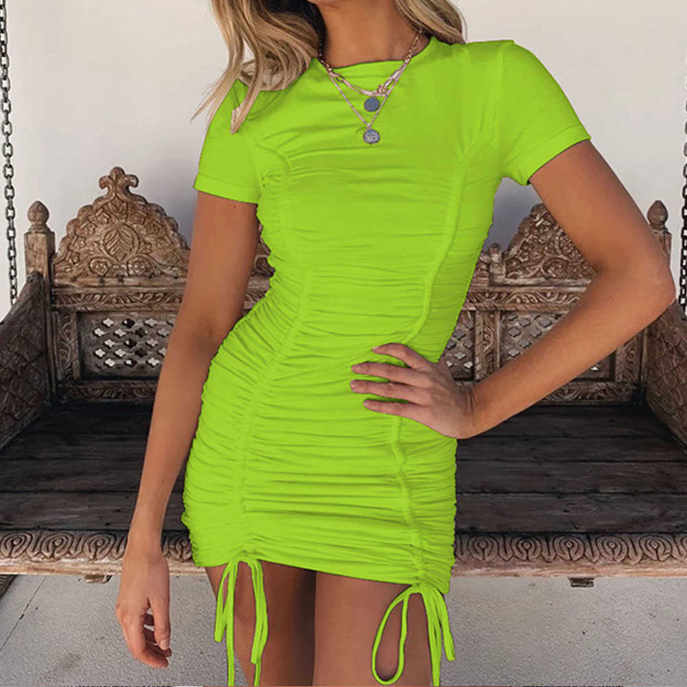Jocoo Jolee Summer Short Sleeve Drawstring Slim Mini Bodycon Dress Elegant White Ruched Pleated Bandage Dress Party Club Dress 210619wtt