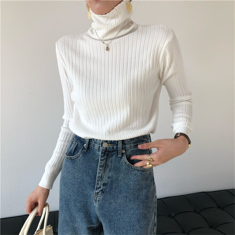 Autumn Spring OL Minimalist Slim-fit Knitted Pullovers Women Sweaters Turtleneck Sweater Winter Bottoming Tops 210421