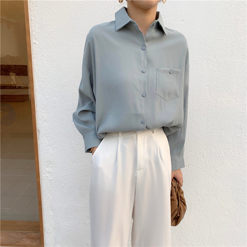 Spring High Quality Solid Large Size Office Lady Basic Shirts Chic Gentle Pockets Brief All Match Blouses 210421