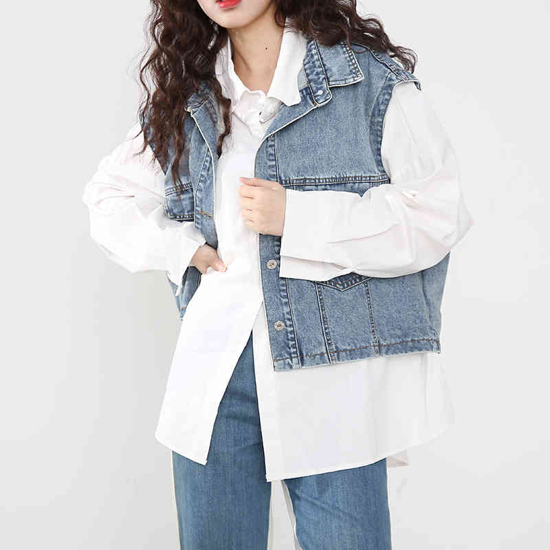 [EAM] Women White Irregular Denim Big Size Blouse Lapel Long Sleeve Loose Fit Shirt Fashion Spring Summer 1X25500 210512