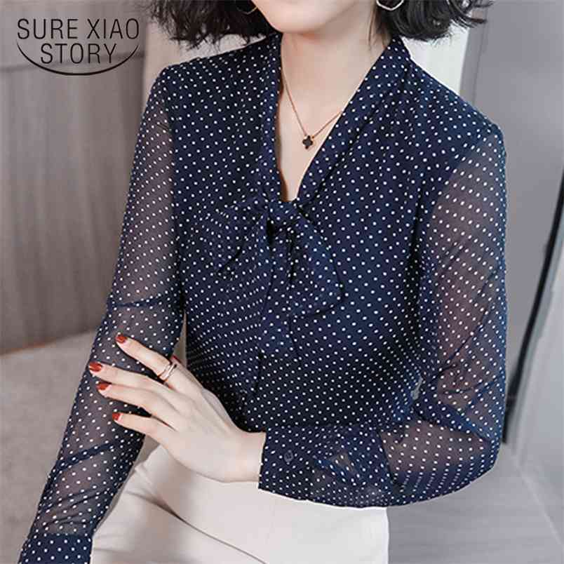 Fashion blue dot print chiffon blouse shirt womens tops and s Bow collar offoce long sleeve women shirts 1864 50 210506